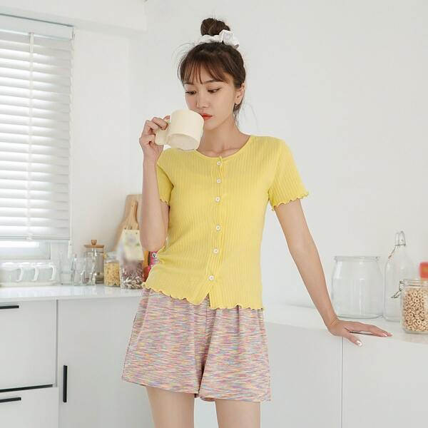 

Solid Button Up Ribbed Sleep Top, Yellow