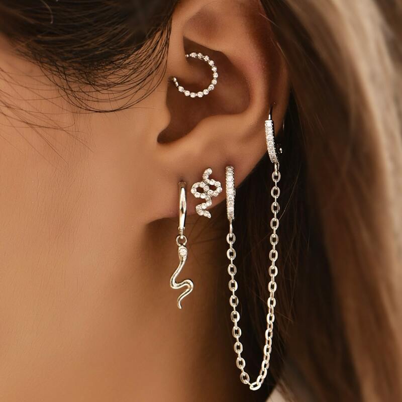 

5pcs Rhinestone Decor Earring, Silver