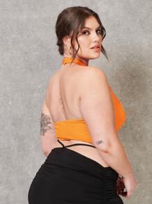 SHEIN Áo hai dây Plus Size Lộ Lưng Nút Hội Chữ thập màu trơn Gợi cảm - trái cam - Xem 2