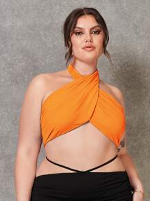 SHEIN Áo hai dây Plus Size Lộ Lưng Nút Hội Chữ thập màu trơn Gợi cảm - trái cam - Xem 3