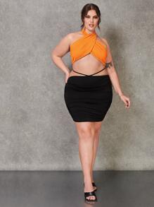 SHEIN Áo hai dây Plus Size Lộ Lưng Nút Hội Chữ thập màu trơn Gợi cảm - trái cam - Xem 4