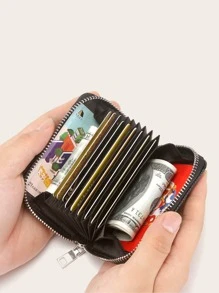 CUIKCA 男士拉鍊式皮夾口袋錢包小錢包卡片收納包女士拉鍊式皮夾可攜式錢包白領工作者大學上班族商務通勤辦公室週年紀念日生日禮物情人節禮物 - 黑色 - 查看 2