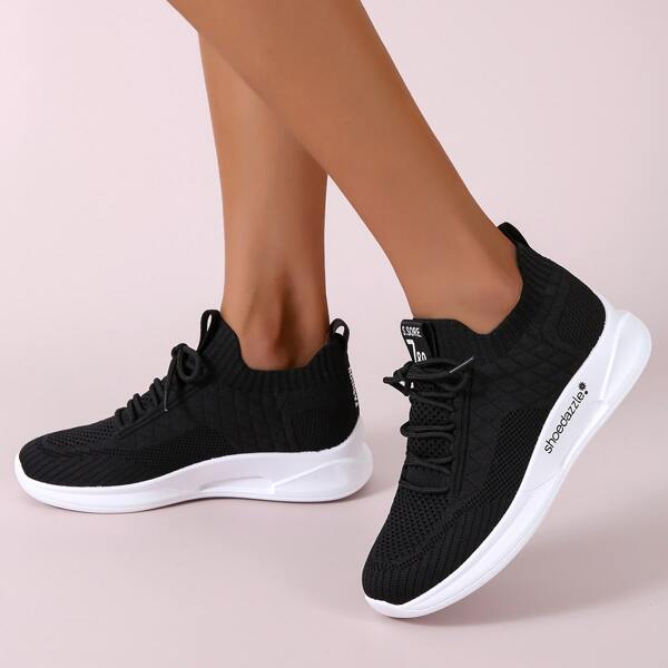 

Two Tone Knit Detail Lace-up Front Running Shoes, Black