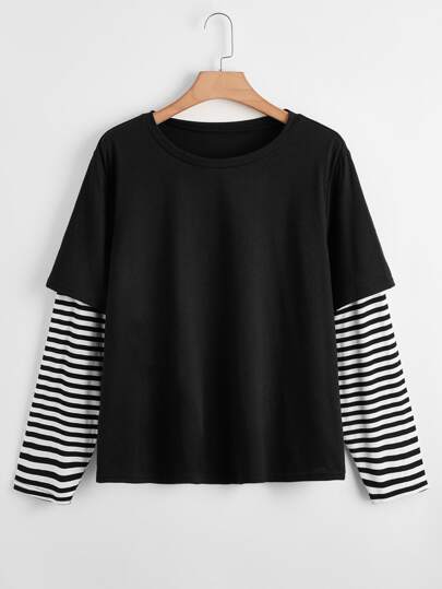 Plus Contrast Striped Sleeve 2 In 1 Tee