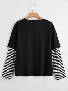 Flirla Áo thun Plus size Sọc Giải trí - màu đen - Xem 2