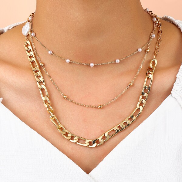 

Faux Pearl Decor Layered Necklace, Gold