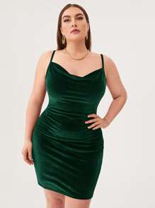 SHEIN Privé Plus Cowl Neck Velvet Bodycon Dress - Dark Green - View 1