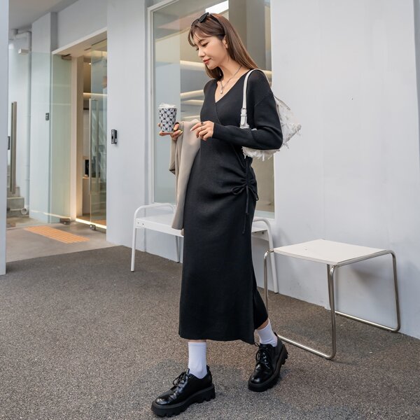 

Drawstring Side Ruched Split Hem Sweater Dress, Black