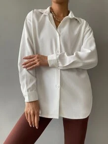 Chiquease 落肩袖前排扣燈芯絨襯衫 - 白色 - 查看 5