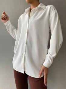 Chiquease 落肩袖前排扣燈芯絨襯衫 - 白色 - 查看 6