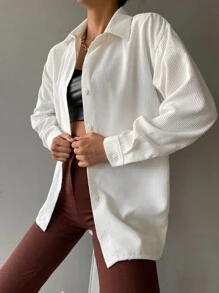 Chiquease 落肩袖前排扣燈芯絨襯衫 - 白色 - 查看 3