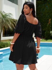 SHEIN VCAY 大碼大圓領泡泡袖洋裝 - 黑色 - 查看 2