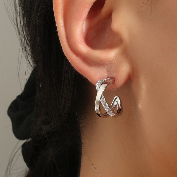 

Rhinestone Decor Open Hoop Earrings, Silver