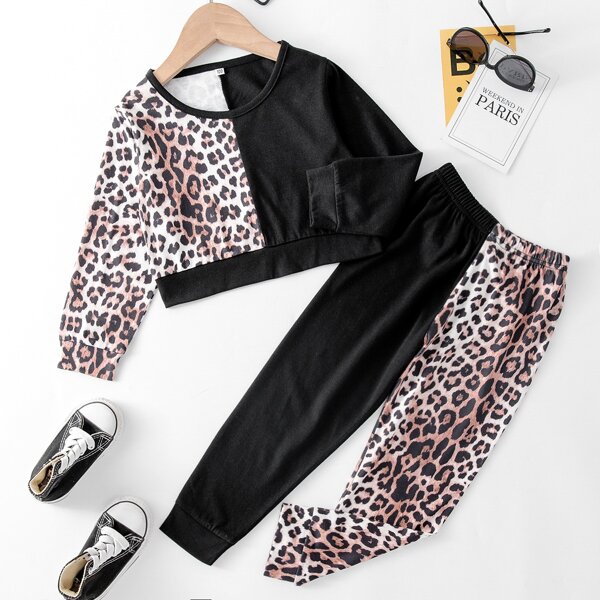 

Toddler Girls Contrast Leopard Sweatshirt & Sweatpants, Multicolor