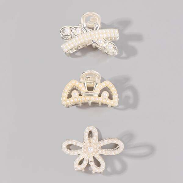 

3pcs Faux Pearl Decor Hair Claw, Gold