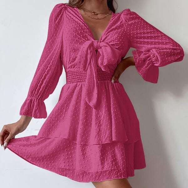

Swiss Dot Tie Front Layer Dress, Hot pink