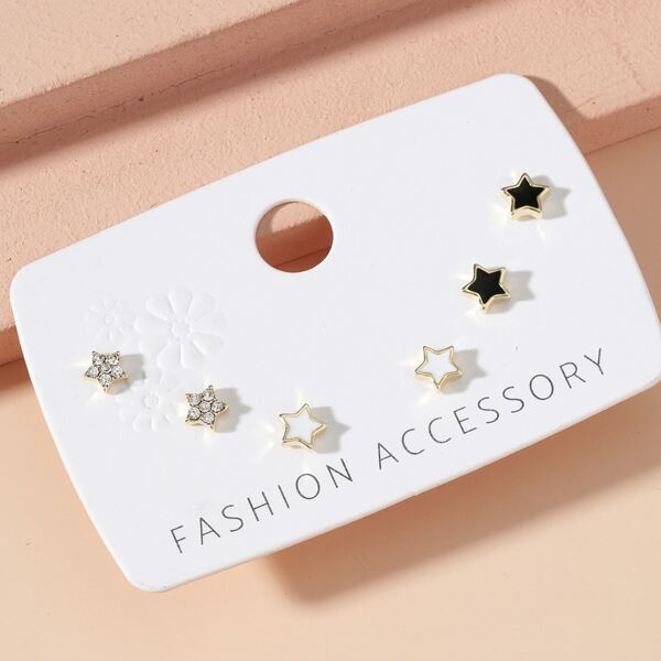 

3pairs Star Design Earrings, Gold