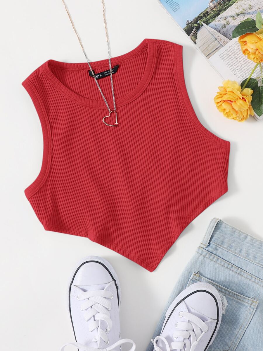 SHEIN EZwear Asymmetrical Hem Rib-knit Crop Tank Top - Red - View 1