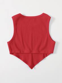 SHEIN EZwear Asymmetrical Hem Rib-knit Crop Tank Top - Red - View 2