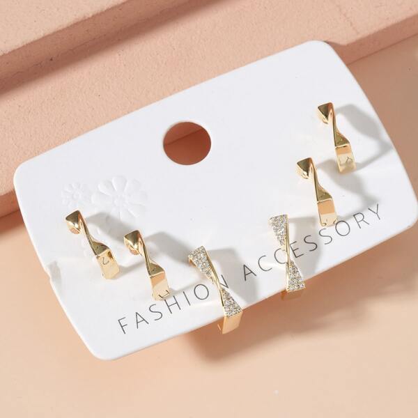 

3pairs Rhinestone Detail Metal Earrings, Gold