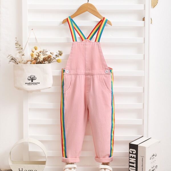 

Toddler Girls Contrast Rainbow Striped Tape Patched Pocket Denim Overalls, Baby pink