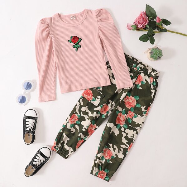 

Toddler Girls Flower Patched Puff Sleeve Top & Camo And Floral Print Pants, Multicolor