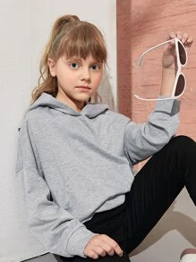 SHEIN 少女不对称露背袋鼠口袋卫衣 - 淺灰色 - 查看 2