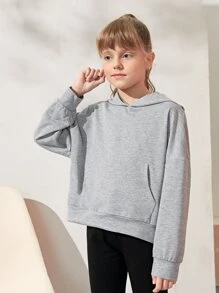 SHEIN 少女不对称露背袋鼠口袋卫衣 - 淺灰色 - 查看 4