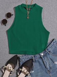 SHEIN EZwear Áo hai dây Gân đan màu trơn Giải trí - Màu xanh lá cây đậm - Xem 1