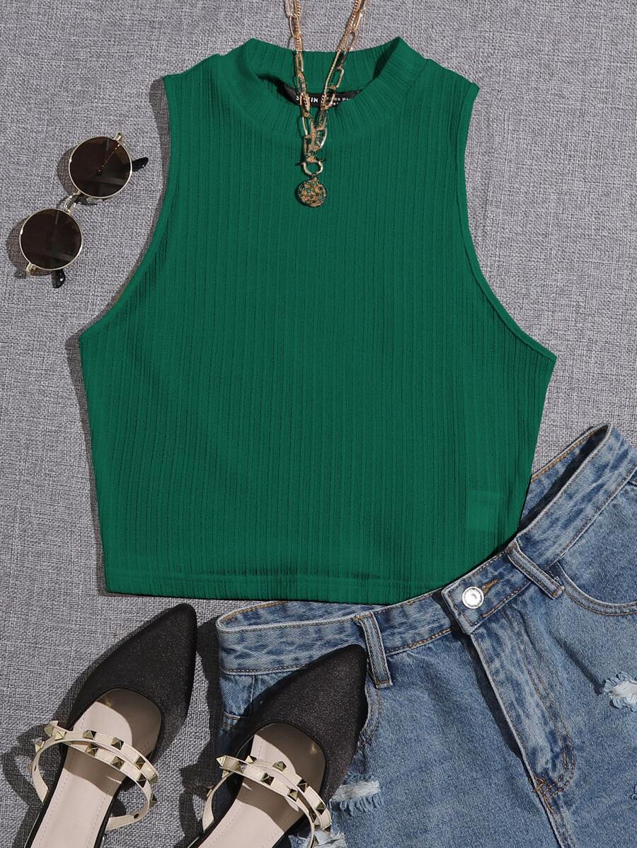 SHEIN EZwear Áo hai dây Gân đan màu trơn Giải trí - Màu xanh lá cây đậm - Xem 1