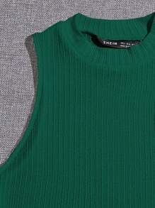 SHEIN EZwear Áo hai dây Gân đan màu trơn Giải trí - Màu xanh lá cây đậm - Xem 3