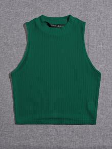 SHEIN EZwear Áo hai dây Gân đan màu trơn Giải trí - Màu xanh lá cây đậm - Xem 4