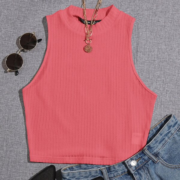 

Solid Crop Rib-knit Tank Top, Watermelon pink