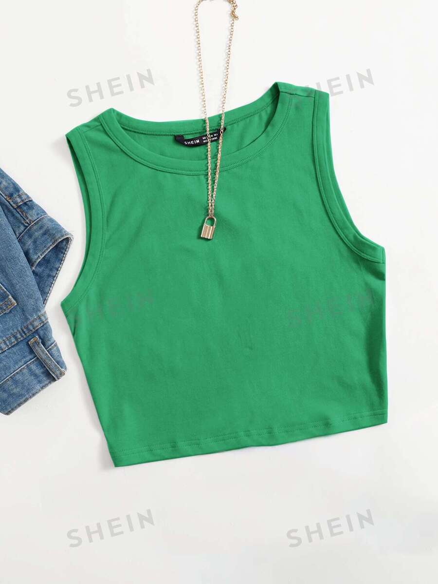SHEIN EZwear Top corto casual sin mangas con cuello redondo en verde para mujer
