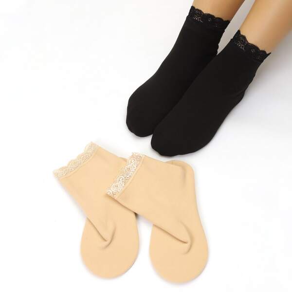 

2pairs Lace Trim Ankle Socks, Multicolor