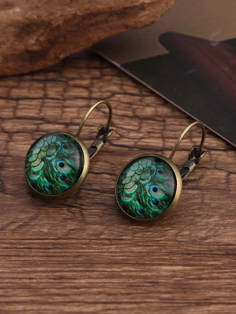 1pc Peacock Print Round Design Earrings Copper Jewelry