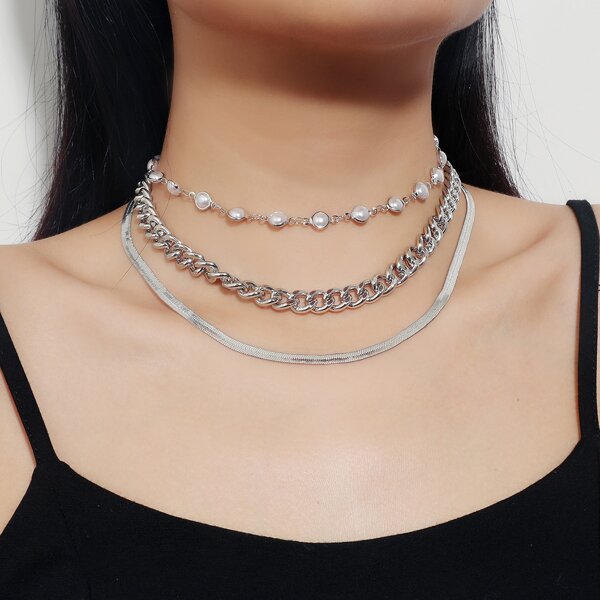 

3pcs Faux Pearl Decor Necklace, Silver