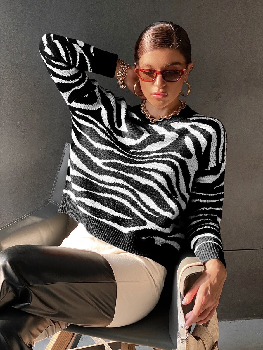 SHEIN Essnce Zebra Striped Pattern Drop Shoulder Sweater