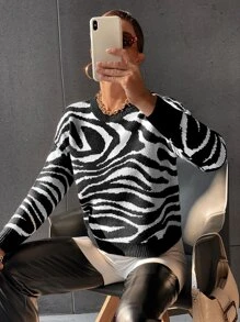 SHEIN Essnce Zebra Striped Pattern Drop Shoulder Sweater