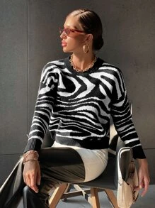 SHEIN Essnce Zebra Striped Pattern Drop Shoulder Sweater