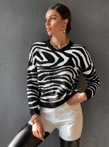 SHEIN Essnce Zebra Striped Pattern Drop Shoulder Sweater