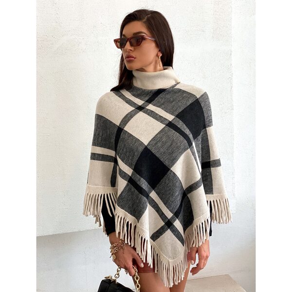 

Turtleneck Plaid Pattern Fringe Hem Poncho Sweater, Black and white