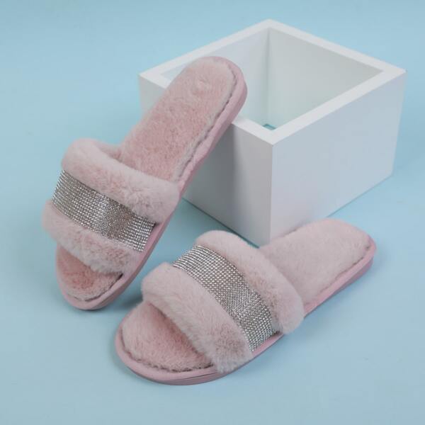 

Fluffy Rhinestone Decor Home Slippers, Pink
