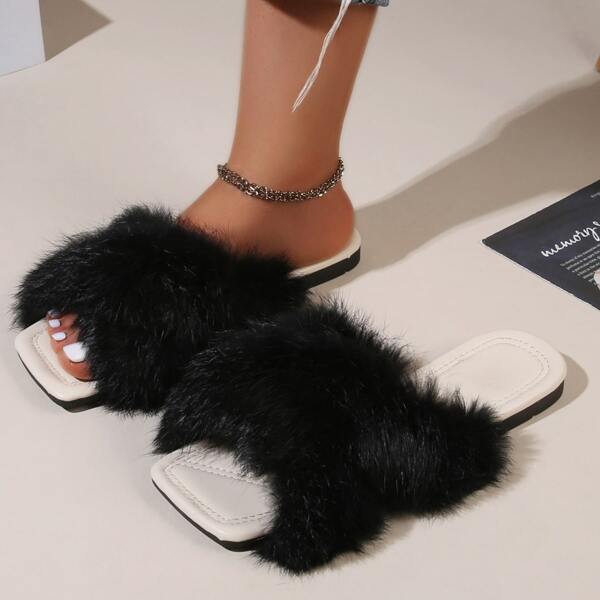 

Minimalist Fluffy Cross Strap Slide Sandals, Black