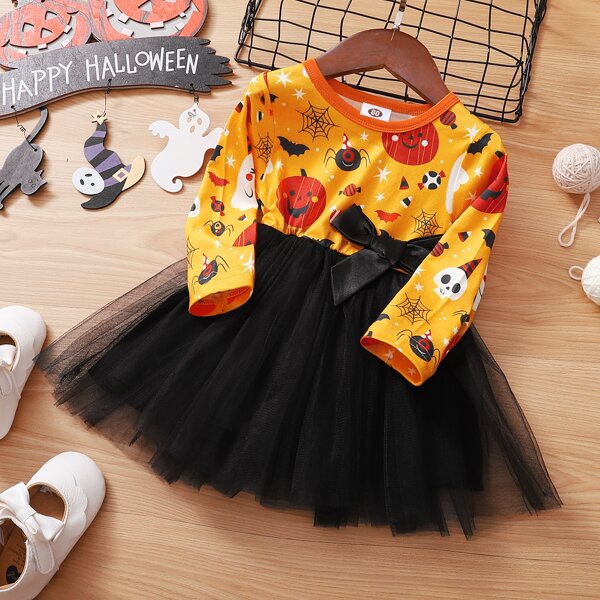 

Baby Bow Front Mesh Hem Halloween Costume Dress, Multicolor