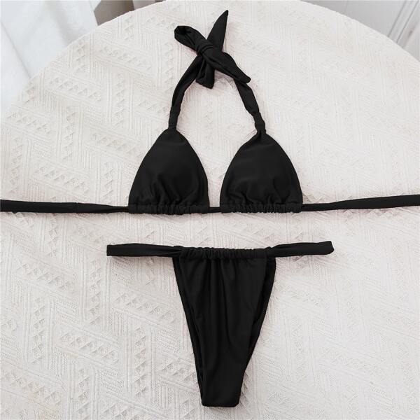 

Plain Halter Triangle Thong Bikini Swimsuit, Black