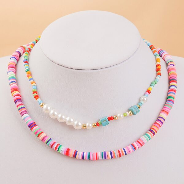 

2pcs Faux Pearl Decor Beaded Necklace, Multicolor