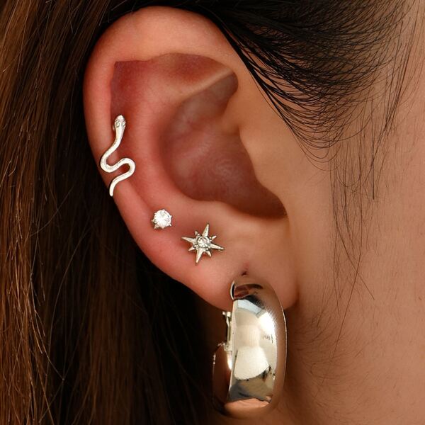 

5pcs Rhinestone Detail Snake Design Earring, Silver