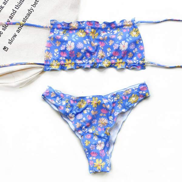

Floral Print Lettuce Trim Bikini Swimsuit, Multicolor