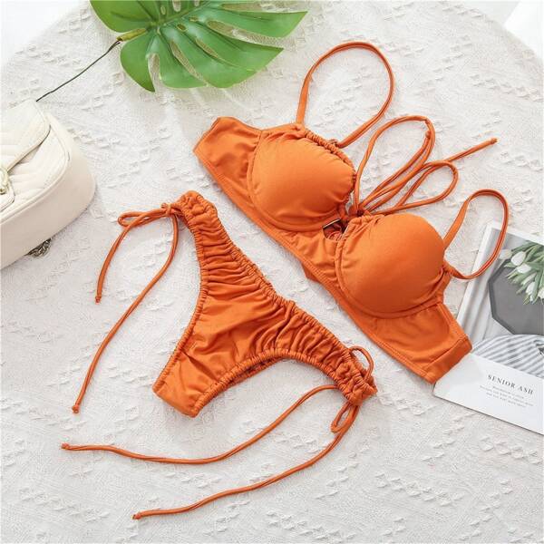 

Ruched Underwire Tie Side Bikini Swimsuit, Burnt orange
